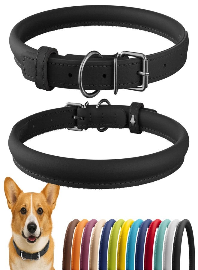 CollarDirect Rolled Leather Dog Collar, Soft Padded Round Puppy Collar, Handmade Genuine Leather Collar Dog Small Large Cat Collars 13 Colors (11-14 Inch, Black Smooth) - Image 1